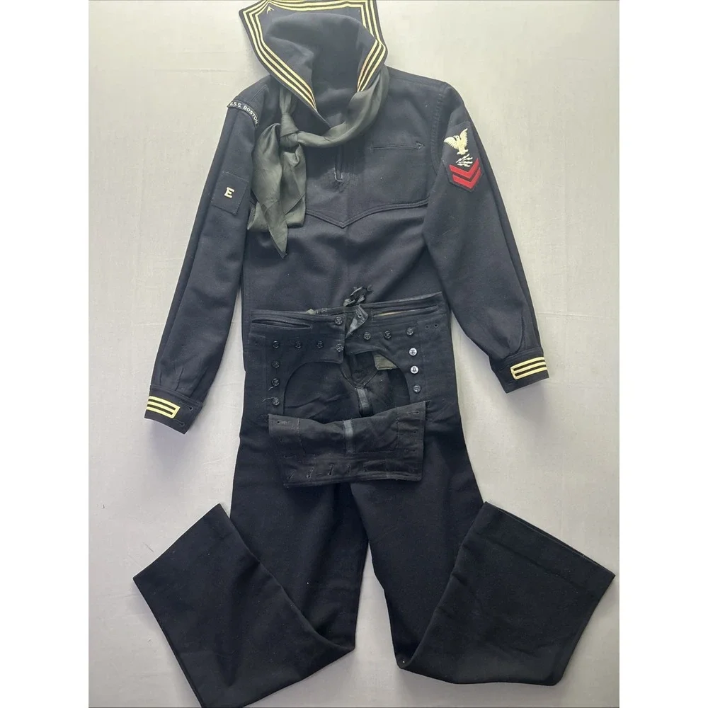 WWII US Navy Dress Blues Named RM2 Bently D Woods USS Boston Radioman Uniform